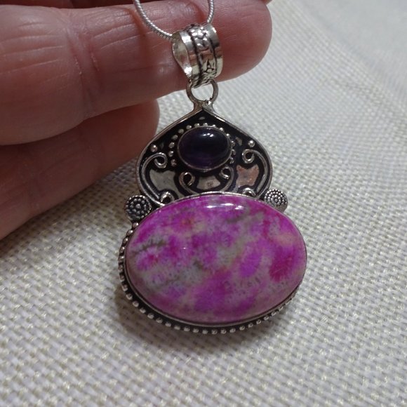 Beautiful "DENDRITE OPAL & AMETHYST" Handmade Sterling Pendant/Chain #532B - Picture 2 of 3